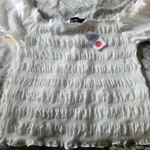 Almost Famous Juniors Core Peasant White Shirred Blouse Top White Smocked Blouse